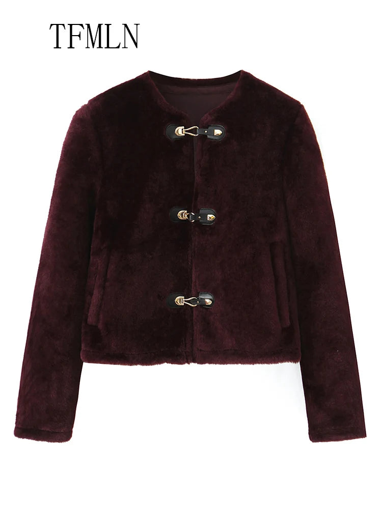 Street Women Causal Faux Fur Jackets 2025 Autumn Winter Fashion O-neck Single Breasted Loose Coats Vintage Warm Chic Outwear