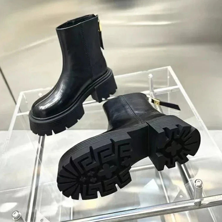 Brand Design Ankle Boots For Women Slip On Black Leather Platform Boots Women Chunky Heel Women Chelsea Boots Winter Shoes