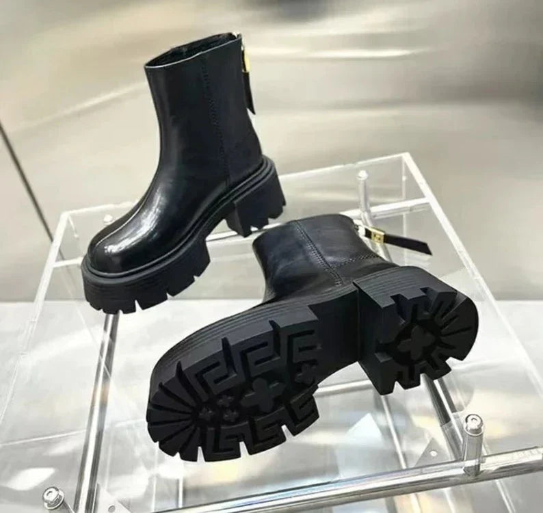 Brand Design Ankle Boots For Women Slip On Black Leather Platform Boots Women Chunky Heel Women Chelsea Boots Winter Shoes