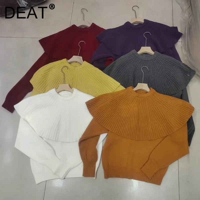 Autumn Winter New Design Fake Two-Piece Shawl Long Sleeve Pullover Sweater For Women Knitted Top Female Trend 11A07562