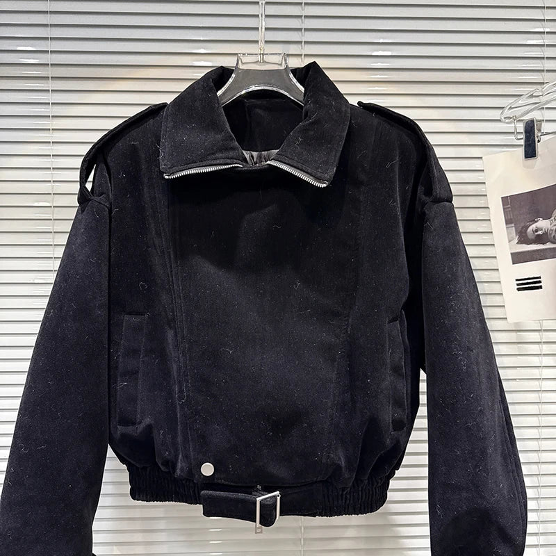 Winter New Fashion Black Zipper Turn-down Collar Fleece Cotton Jacket For Women Streetwear Short Coat Female 11A07598