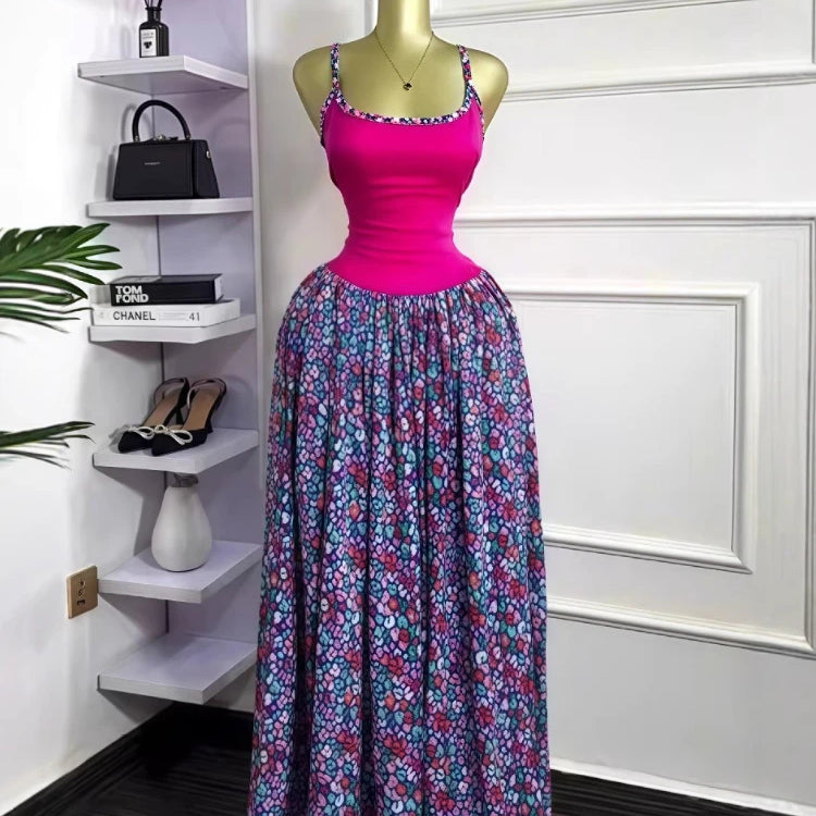 CM.YAYA Women Floral Printed Patchwork Strap Tank Maxi Long Dress 2025 Summer Beach Birthday Sexy Club Party Evening Dresses