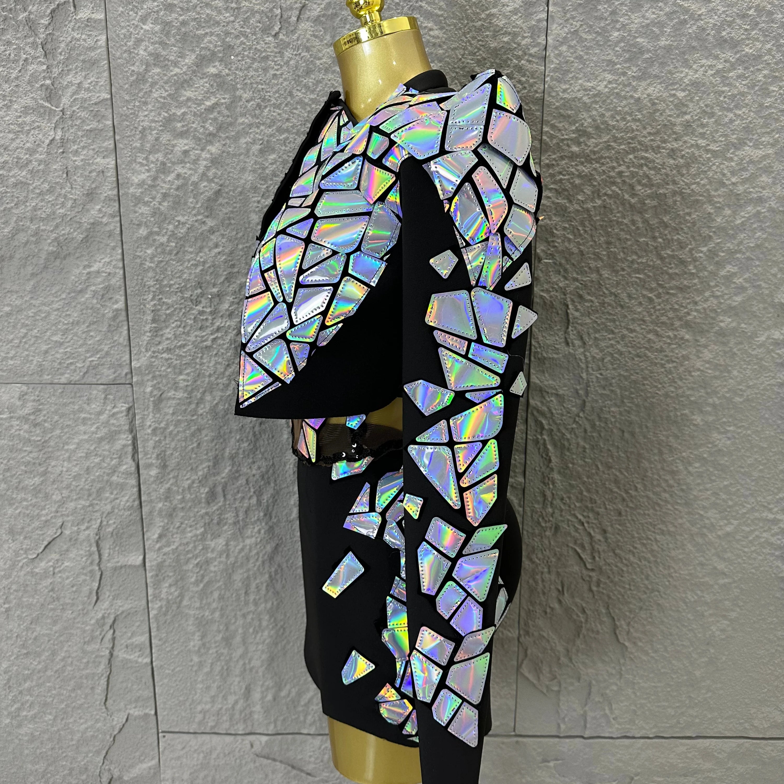 Edgy Black Luxury 3 Piece Set Women Mirror Reflective Patch Cropped Blazer Bralet Skirt Event Showmanship Performance Gown