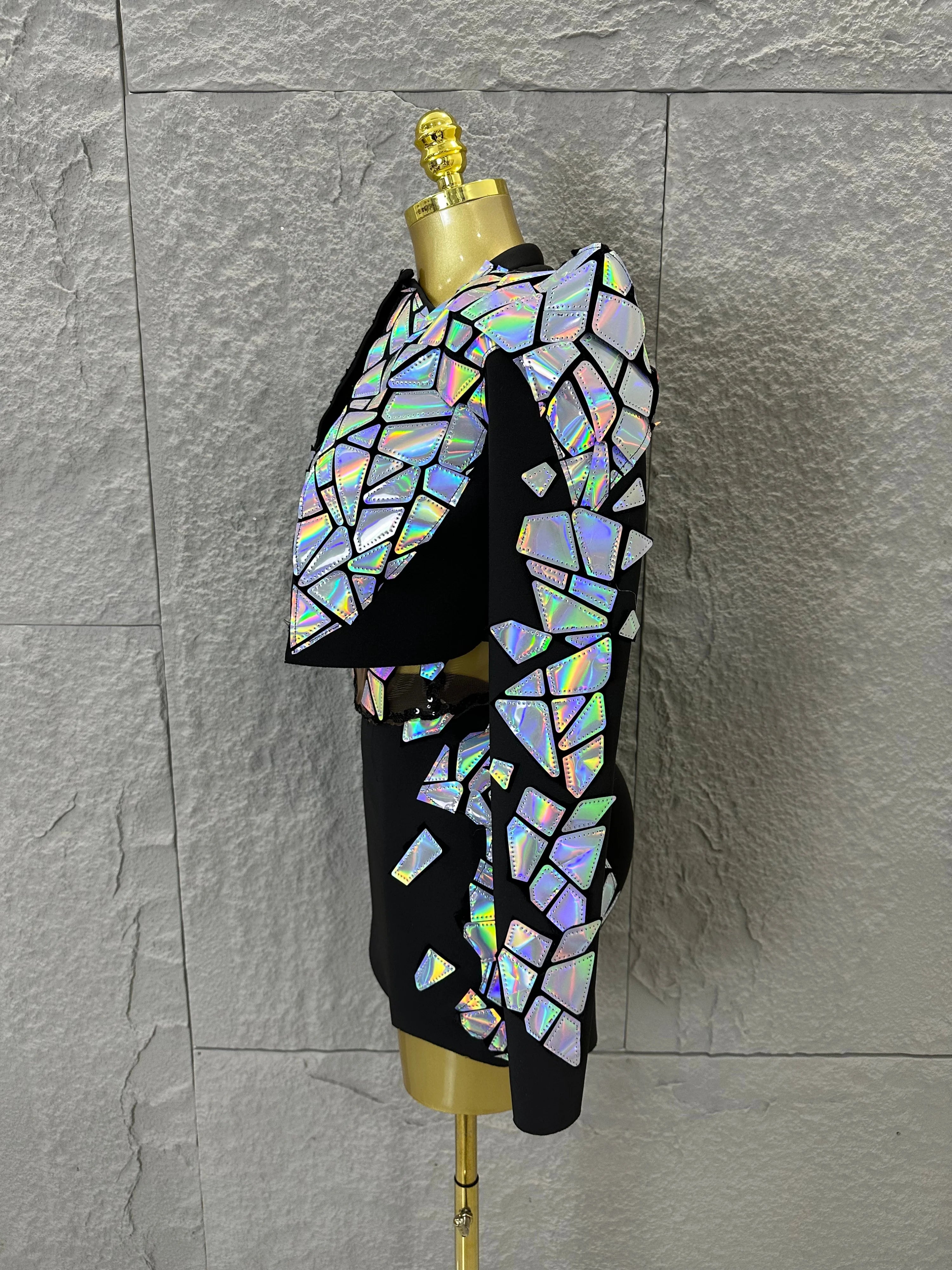 Edgy Black Luxury 3 Piece Set Women Mirror Reflective Patch Cropped Blazer Bralet Skirt Event Showmanship Performance Gown