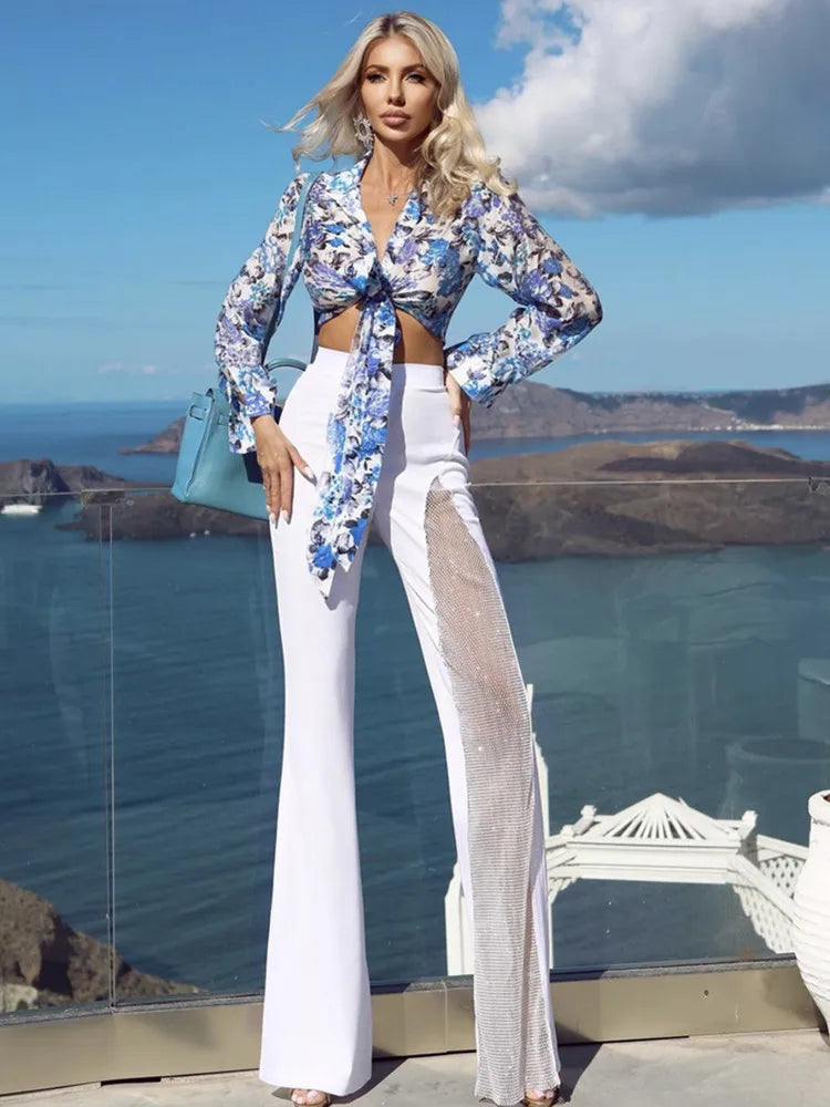 Women Summer Fashion Sexy Black Red White Crystal Dianonds Flare Bandage Pants 2022 Designer Knitted Bodycon Trouser Pants WHITE