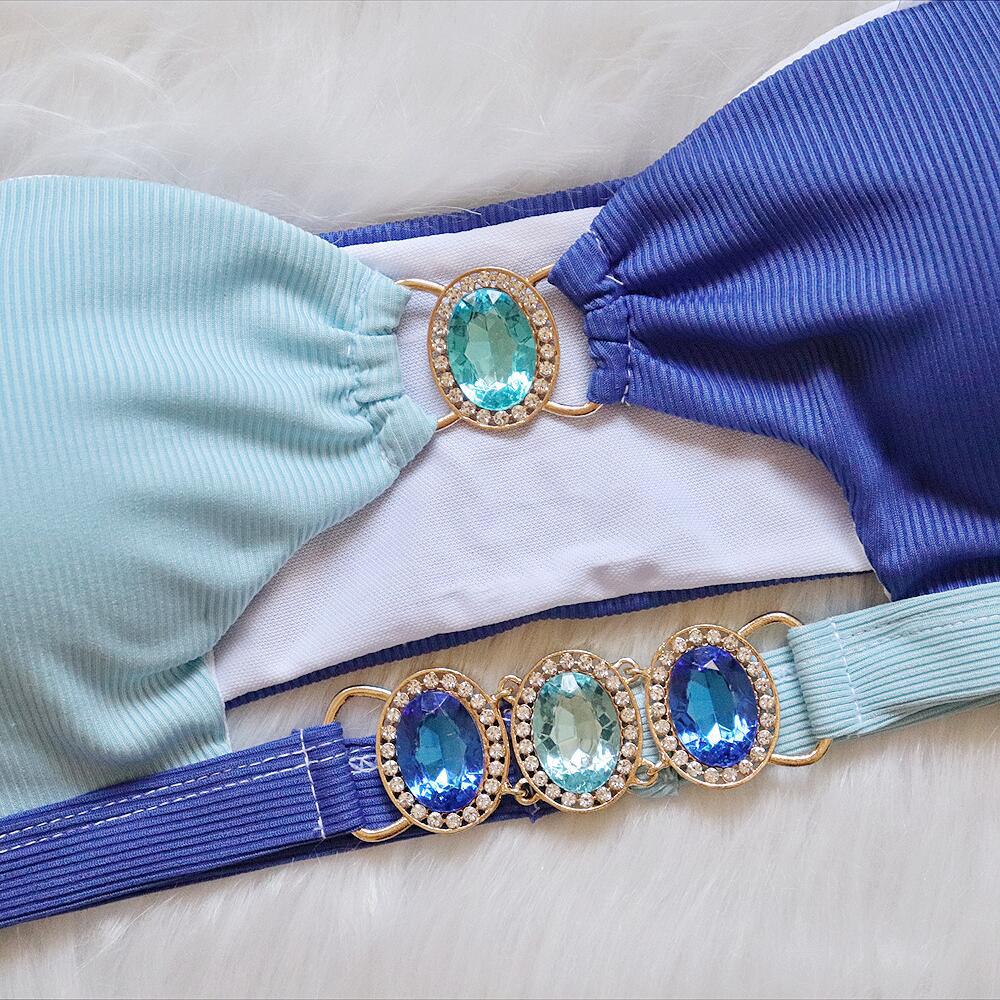 Sexy Bandeau Gathered Bikini Luxury Crystal Diamond Woman's Swimwear Strapless Patchwork Swimsuit Summer Beach Wear