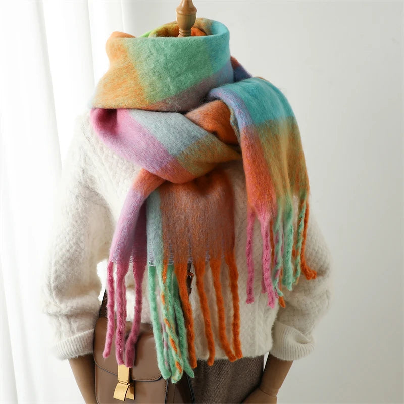 Thick Warm Scarf Women Winter Neck Shawls Tassel Pashmina Scarves Lady Cashmere Bandana Plaid Rainbow Hairy Foulard WJ137-26