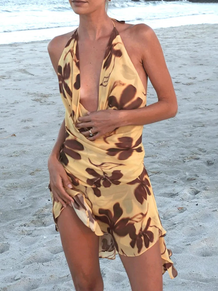 Mozision Halter Print Sexy Mini Dress For Women Robe Elegant Deep V Neck Sleeveless Backless Ruffled High Waist Beach Dress