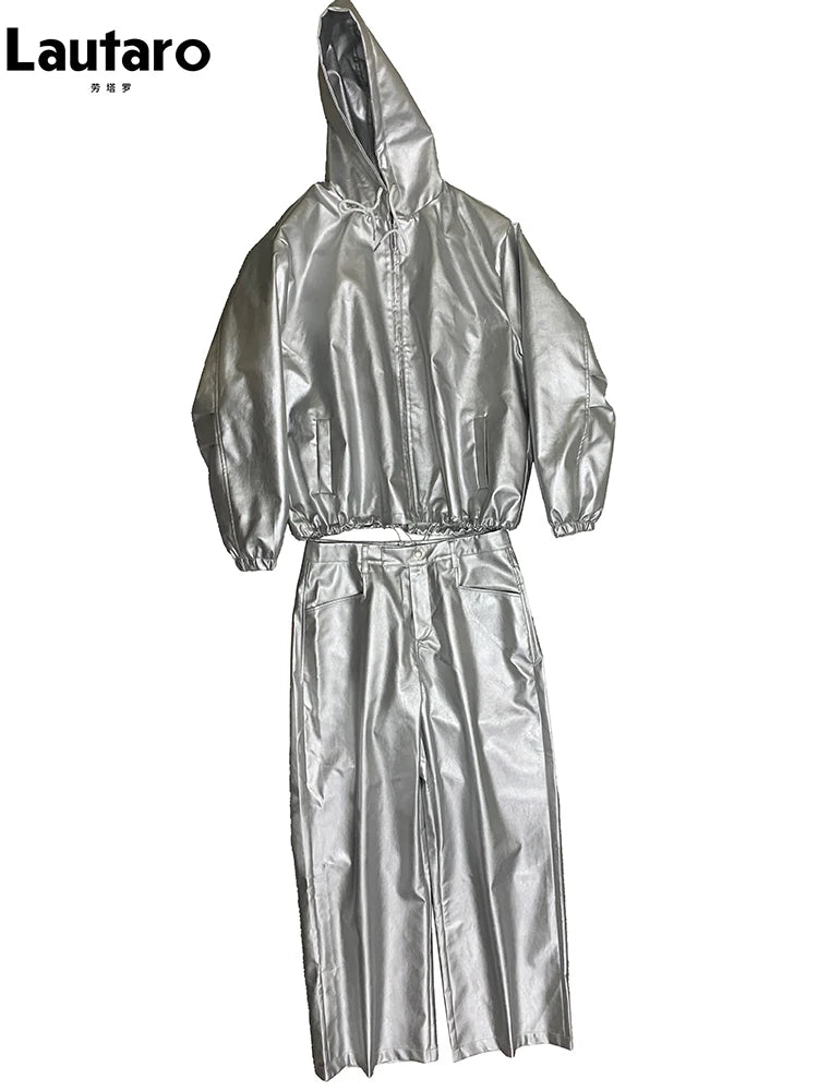 Lautaro Autumn Cool Silver Baggy Faux Leather Wide Leg Pants for Men Trousers Loose Casual Luxury Mens Designer European Clothes