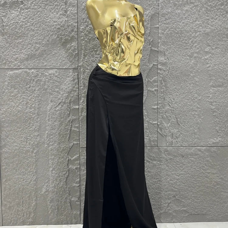Hot Sale Discount Women Sexy Golden Tops Floor-length Skirt 2 Pieces Straight Dress Elegant Evening Party Celebrate Outfit