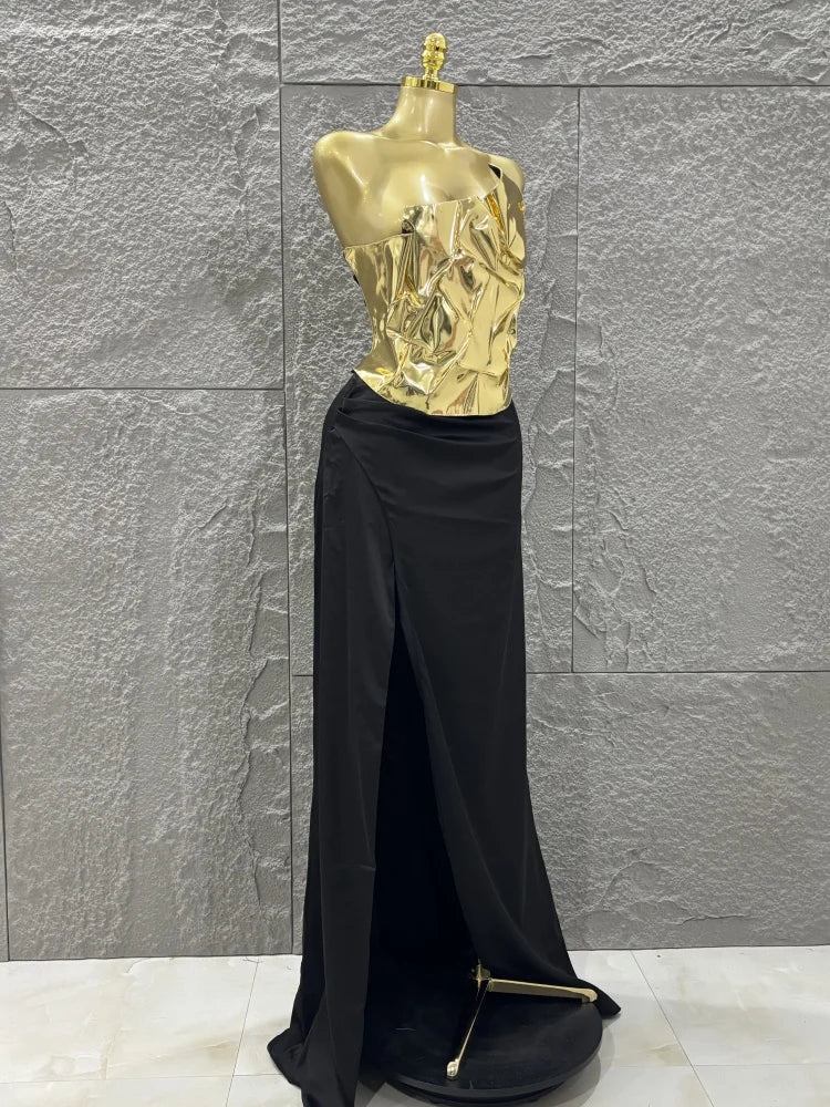Hot Sale Discount Women Sexy Golden Tops Floor-length Skirt 2 Pieces Straight Dress Elegant Evening Party Celebrate Outfit