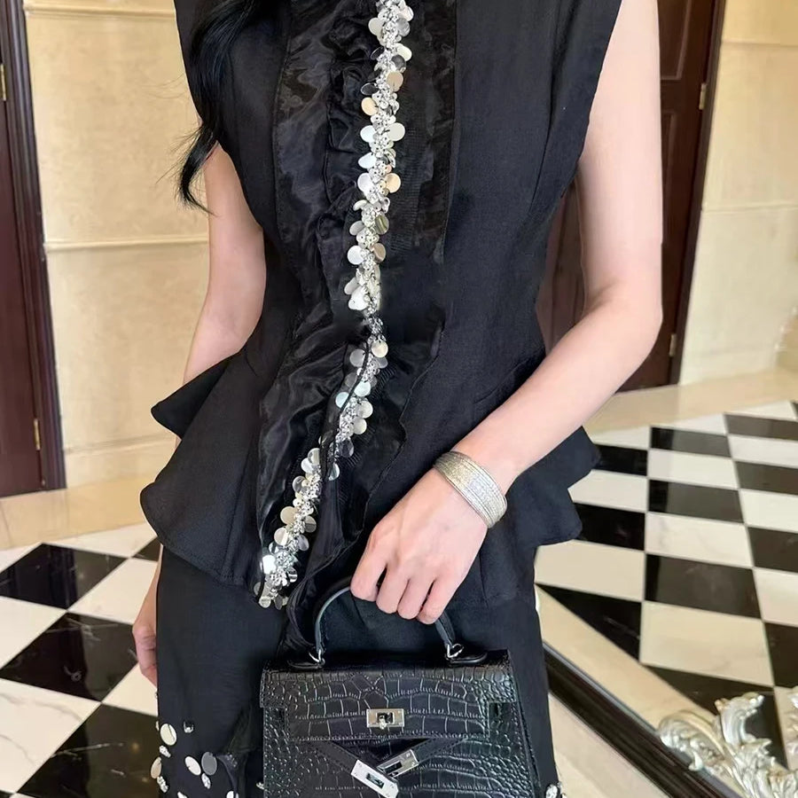 Solid Two Piece Sets for Women Round Neck Sleeveless Patchwork Sequin Vest High Waist Sheer Skirt Set Female New