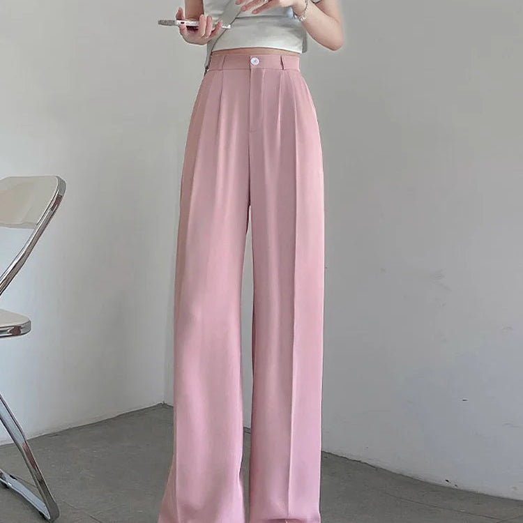 Summer Ice Silk Wide Trousers for Women Loose White Thin Straight Pants Elegant Office Women Baggy Stacked Pants Sweatpants Pink