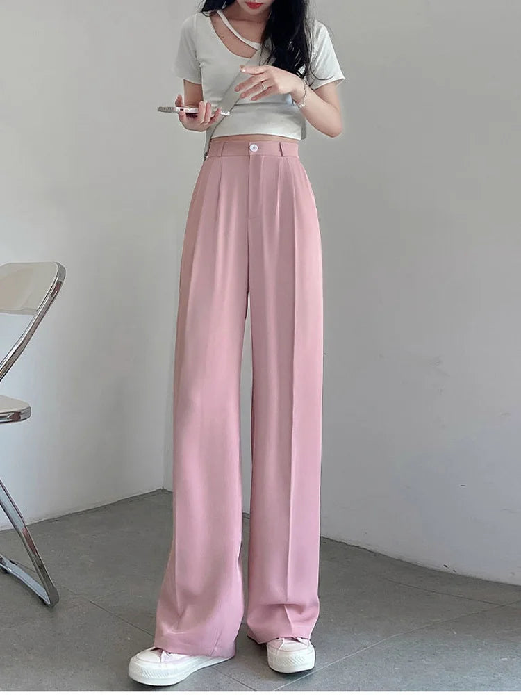 Summer Ice Silk Wide Trousers for Women Loose White Thin Straight Pants Elegant Office Women Baggy Stacked Pants Sweatpants Pink