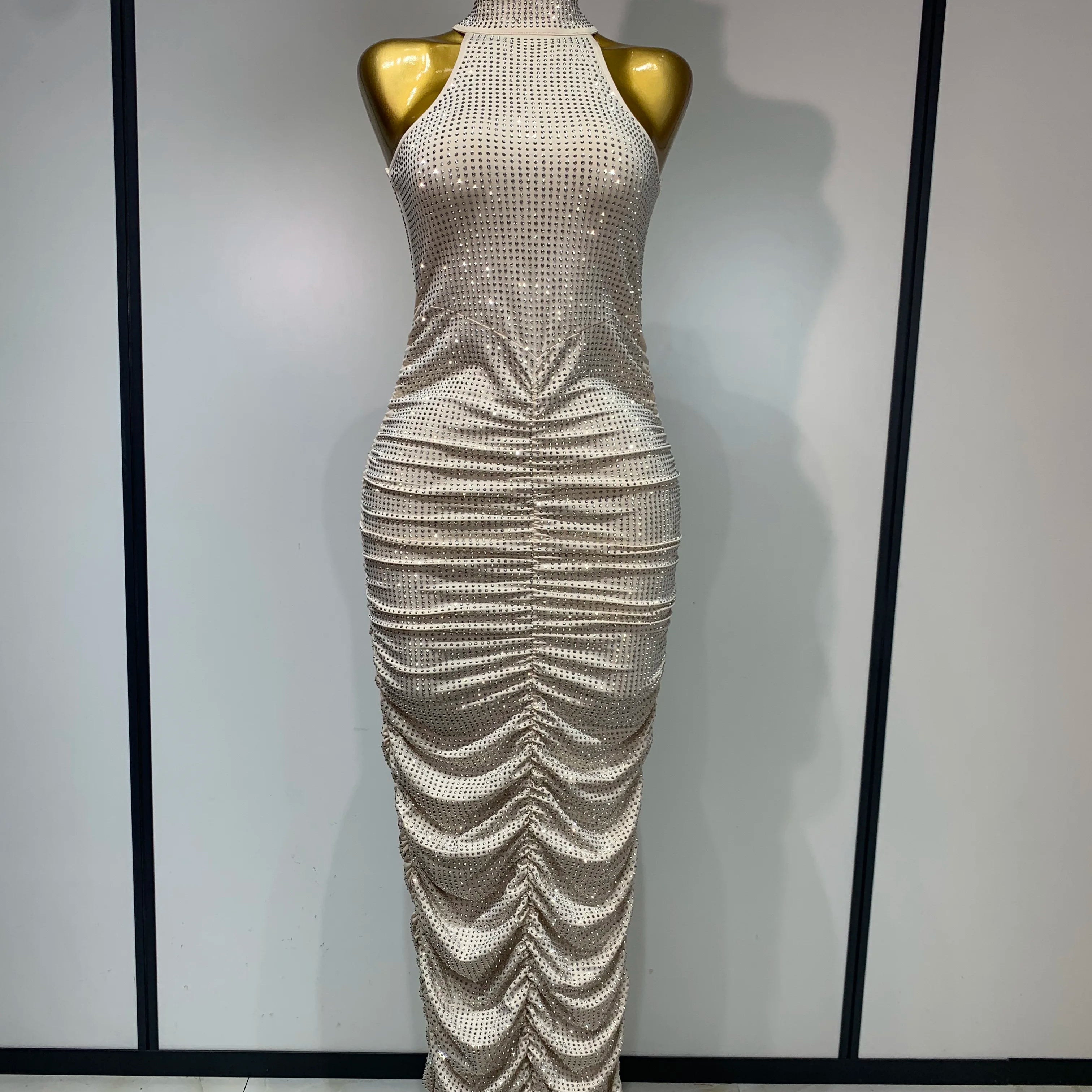 Women Sexy Backless Sleeveless Sparkly Diamonds Dress Slim Formal Elegant Celebrity Cocktail Party Luxury Birthday Gown Vestido Beige