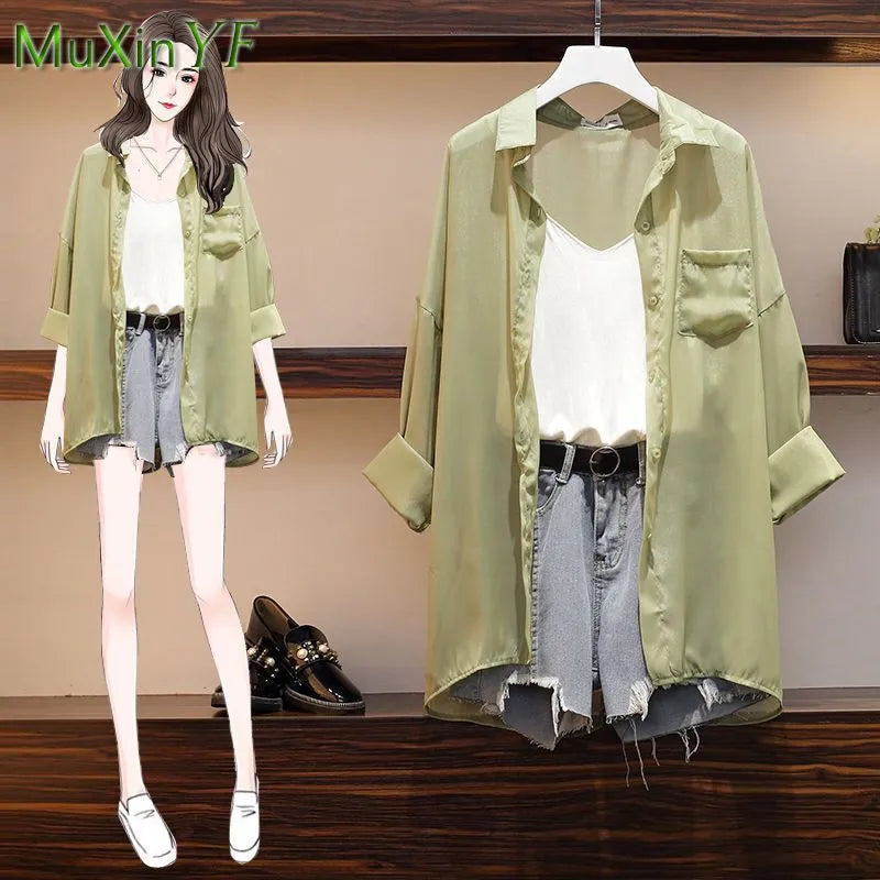 Women's Summer Matching Set 2024 New Fashion Chiffon Sunscreen Shirt+Tank Top+Denim Shorts 3 Piece Korean Elegant Jeans Suit