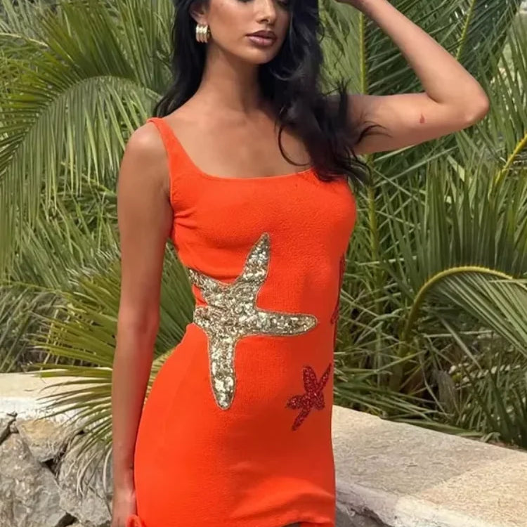 Chic Blue Sparkling Star Printed Ruffle Mini Dresses Lady Elegant Sleeveless Backless Pleated Knit Prom Dresses Beach Vestidos Orange