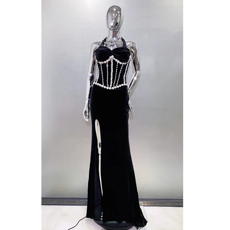 2025 Luxury Shining Diamond Halter Black Velvet floor Lenght Evening Dress Celebrity Birthday Party Outfit Performance Costume