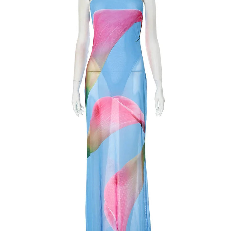 Floral Print Strapless Sexy Maxi Dress For Women Gown Patchwork Off-shoulder Backless Sleeveless Print Long Dress