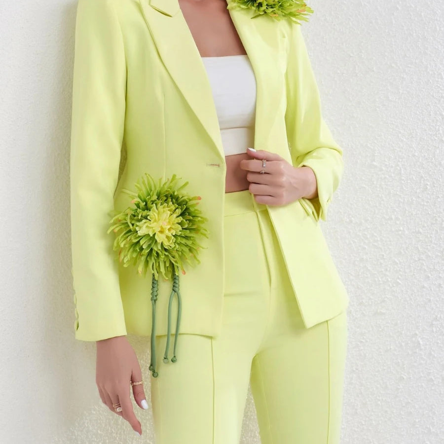 Solid Slimming Spliced 3D Flower Two Piece Sets for Women Lapel Long Sleeves Patchwork Button Top Pant Set Female