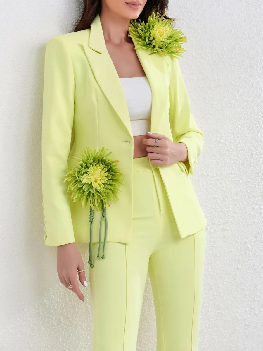 Solid Slimming Spliced 3D Flower Two Piece Sets for Women Lapel Long Sleeves Patchwork Button Top Pant Set Female