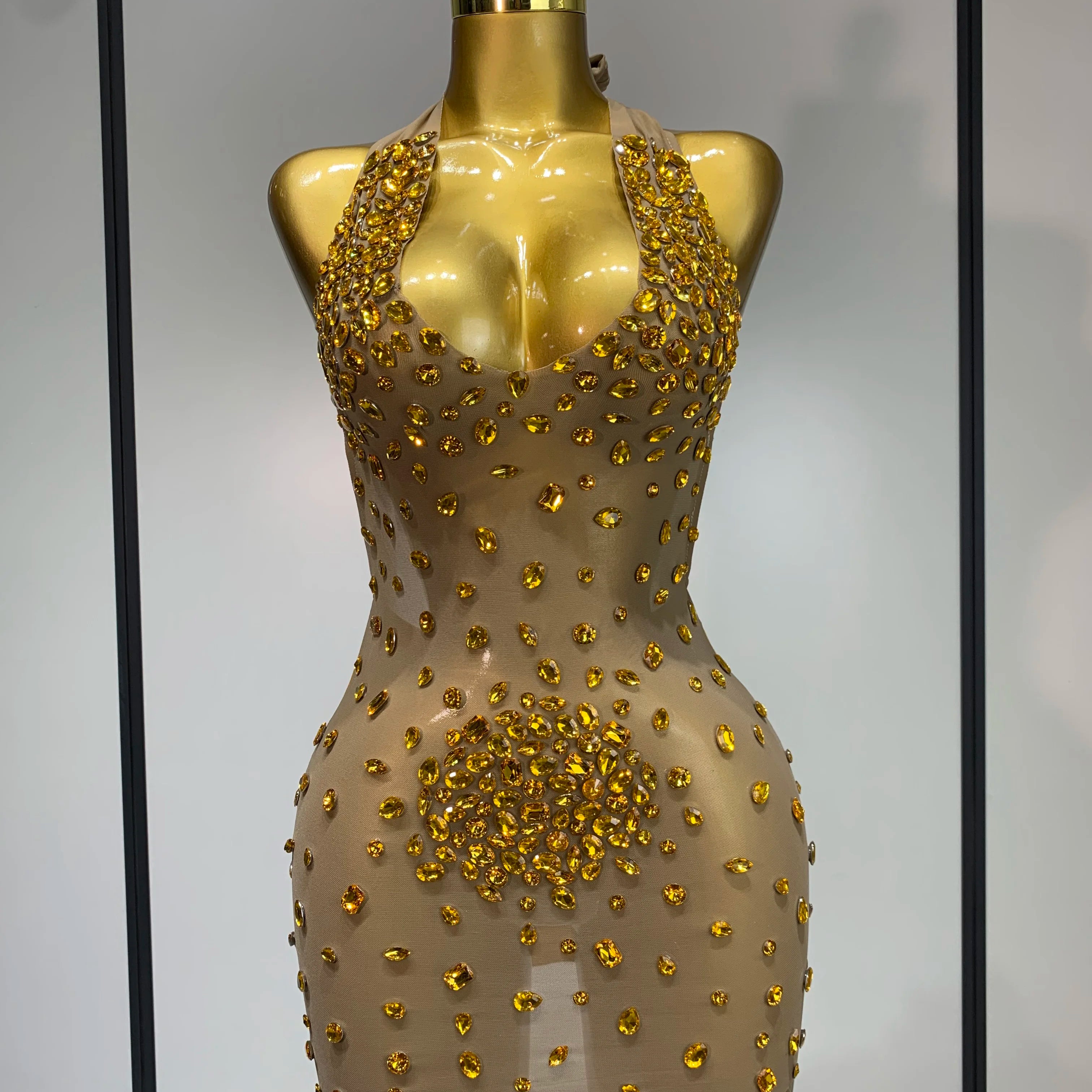 Luxury Rhinestones Backless Mini Dress Women Sexy Mesh Transparent Celebrate Evening Birthday Photo Shoot Perform Stage Outfit Yellow