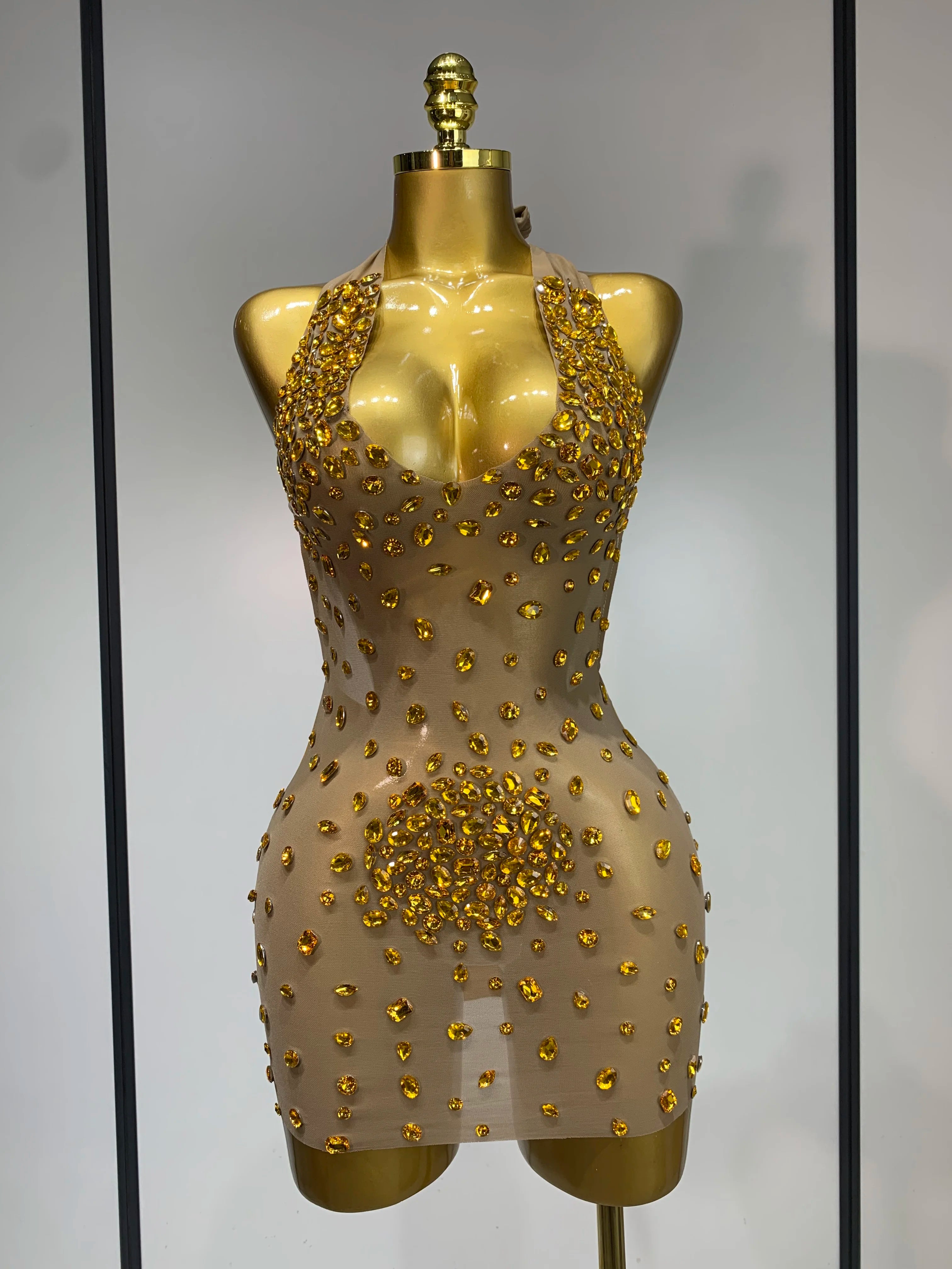 Luxury Rhinestones Backless Mini Dress Women Sexy Mesh Transparent Celebrate Evening Birthday Photo Shoot Perform Stage Outfit Yellow