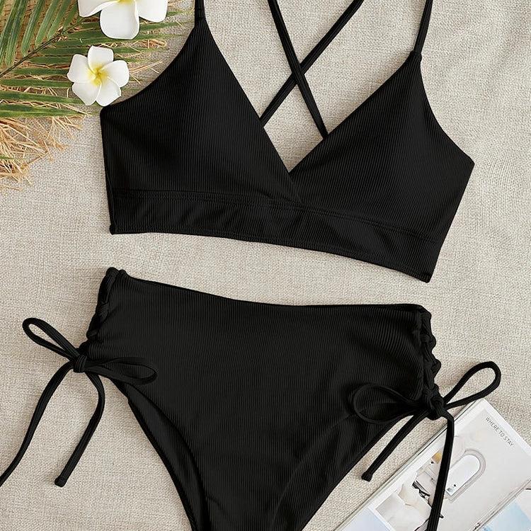 Bikini Women Swimsuit New Solid Black High Waist Bikinis Set Lace Up Bathing Suit Swimwear Summer Brazilian Beach Two Piece black