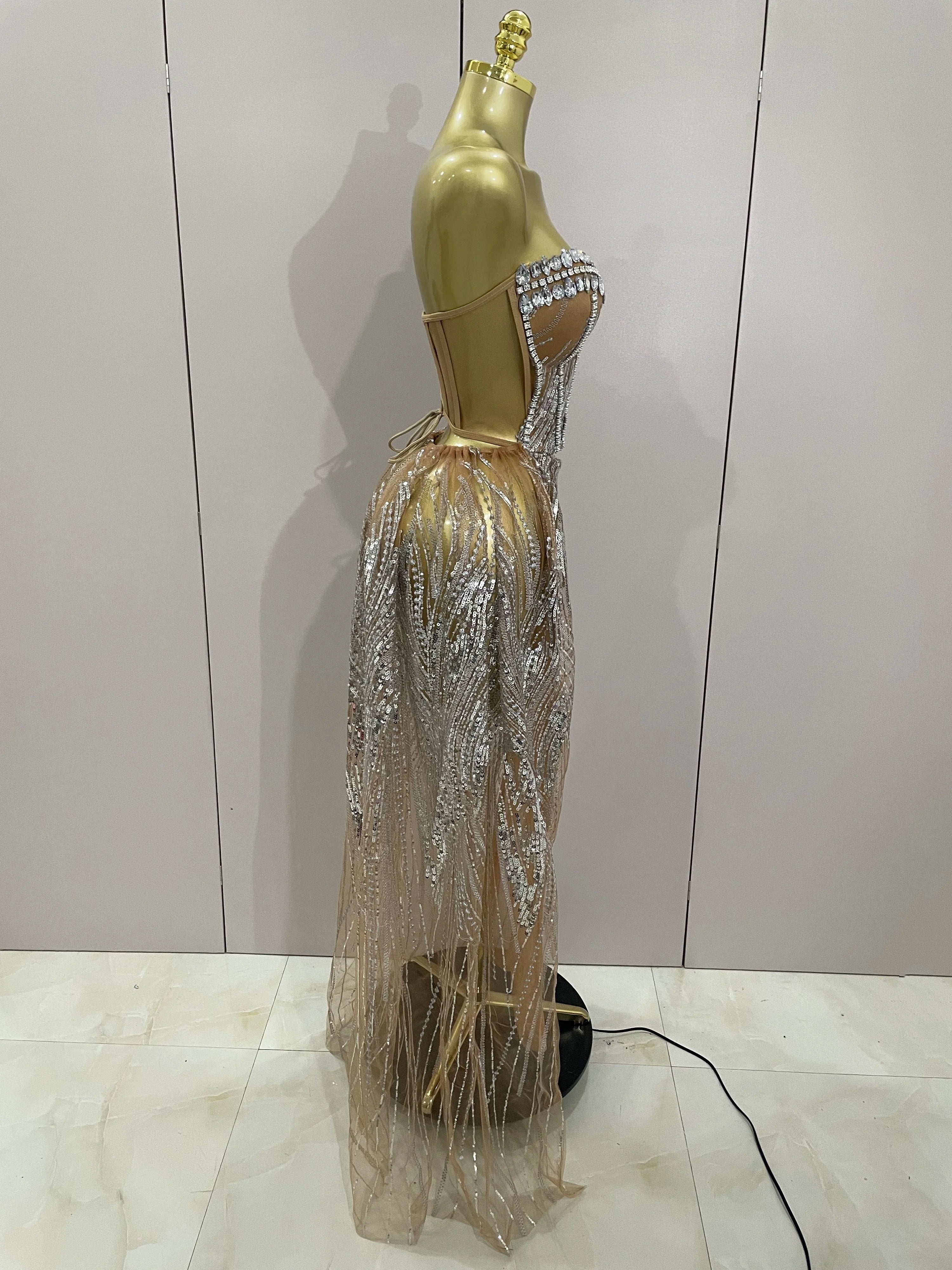 2025 Sparkly Rhinestone Sequins Sexy Strapless See-Through Long Dress Women Evening Birthday Party Dress Nightclub Stage Costume