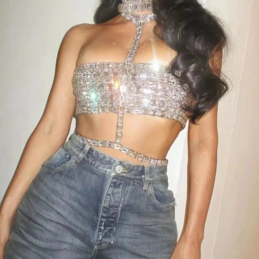 Celebrity Fashion Red Carpet Wear Women Shinning Big Crystal Sexy Halter Tops Nightclub Party TV Show Tops Tank High Quality