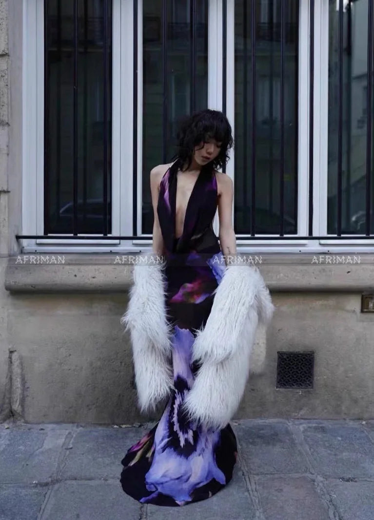 Women New Halo Dye Positioning Print Sexy Backless Hanging Neck V-neck Holiday Wear Maxi Dress for Women MULTI