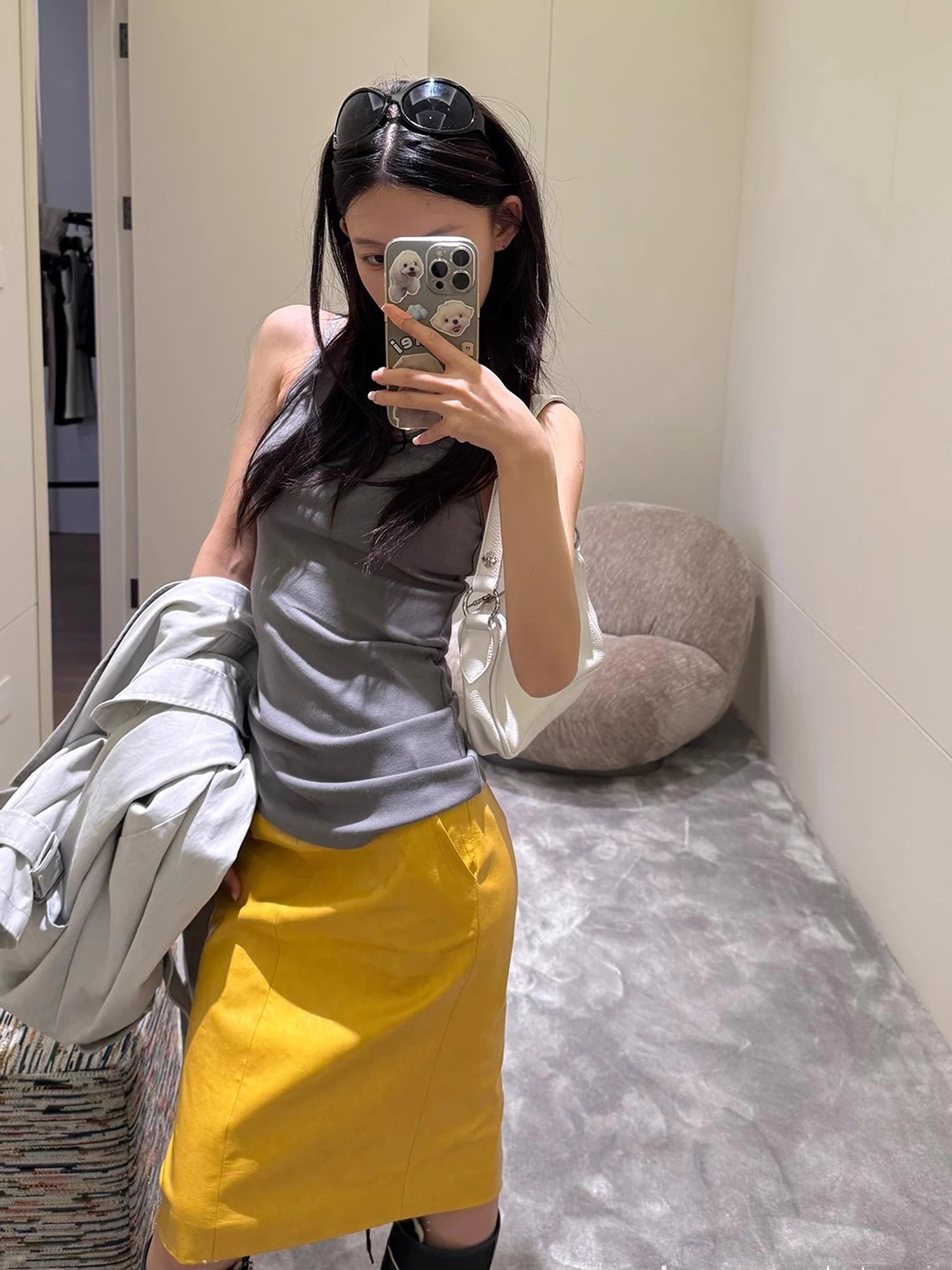 Lautaro Spring Autumn Shiny Reflective Yellow Patent Pu Leather Skirt Women with Back Slit Knee Length Luxury Designer Clothes