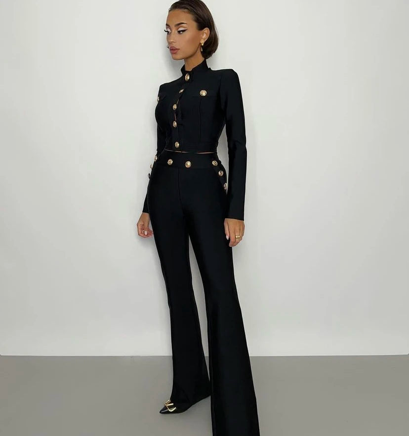 Celebrity Black Long Sleeve 2 Pieces Rayon Bandage Set Evening Party Set Vestidos