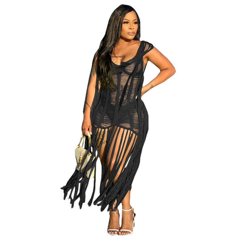 Sexy Crochet Knit Rib Tassel Mini Dress for Women Summer 2024 Fashion Sleeveless See Through Club Party Dresses Beach Wear Robe black