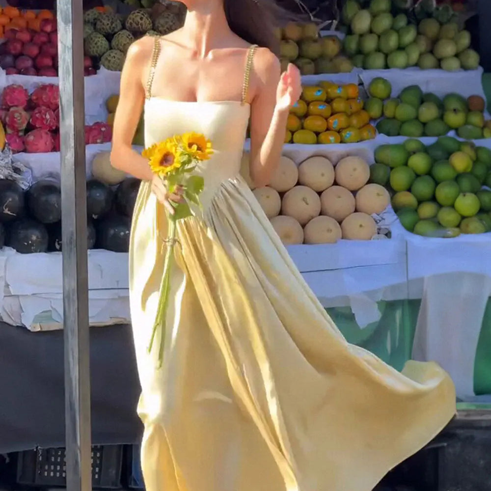 2025 Spring Women's Strap Chain Sleeveless Long Dress Fashionable Slimming Hundred Fold Elegant Dresses Evening Party Vestidos