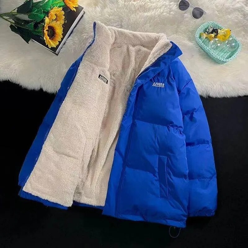 Womens Khaki Reversible Down Jackets Winter Baggy Comfortable Coat Thickening Warm Female Puffer Cotton Padded Jacket Outwear Blue