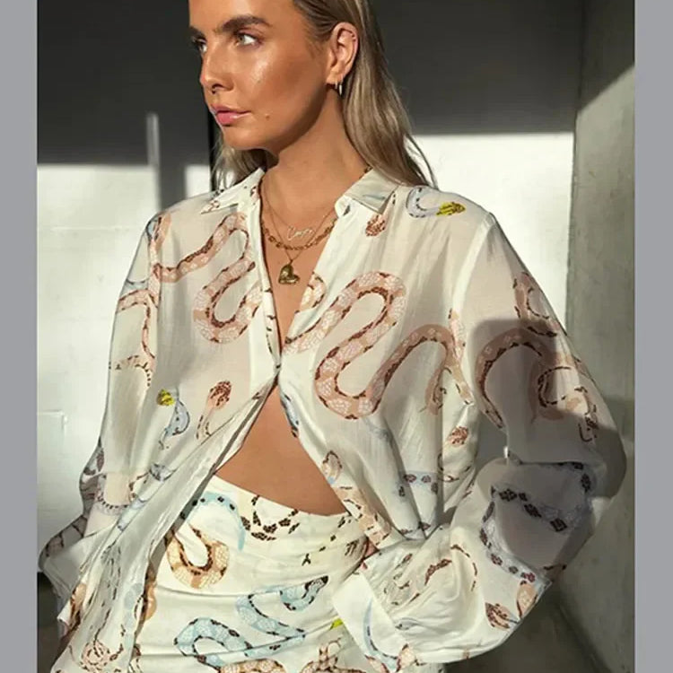 Snake Print Long Sleeve Shirt Split Skirt 2 Pcs Set Women Single Breasted Loose Lapel Short Dress Set Summer Chic Female Suits