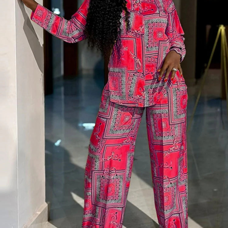 Plus Size VONDA Women Elegant Pant Sets 2025 Long Sleeve Printed Tops and Long Trousers Casual Streetwear Matching Sets Pink