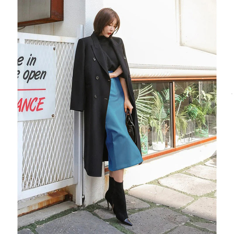 DEAT Fast Delivery New Fashion Korean Female PU Leather Mid-calf Length Spit Sexy High Waist Skirt AY095 blue