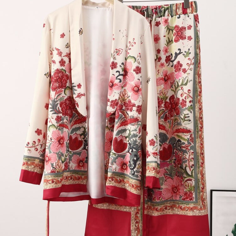 Printed Notched Blazer Women Suits With Belt Elastic High Waist Wide Leg Female Pants Two Piece Set Long Sleeve Top Outfits