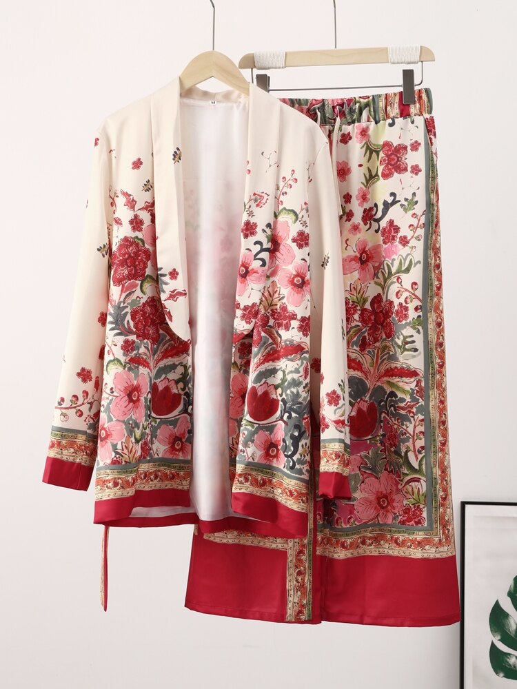 Printed Notched Blazer Women Suits With Belt Elastic High Waist Wide Leg Female Pants Two Piece Set Long Sleeve Top Outfits