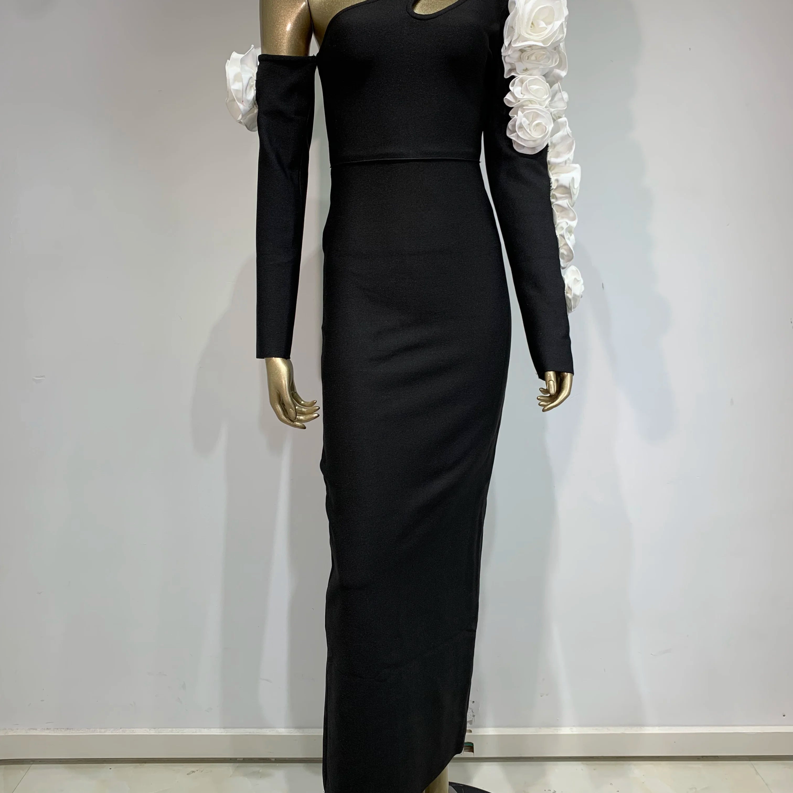 Women Bandage Dress 2024 Celebrity Sexy One Shoulder Flower Black Maxi Long Bodycon Elegant Evening Club Party Dress