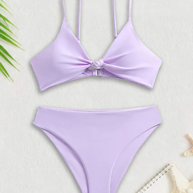 Bikini Women Swimsuit New Solid Black High Waist Bikinis Set Lace Up Bathing Suit Swimwear Summer Brazilian Beach Two Piece Purple
