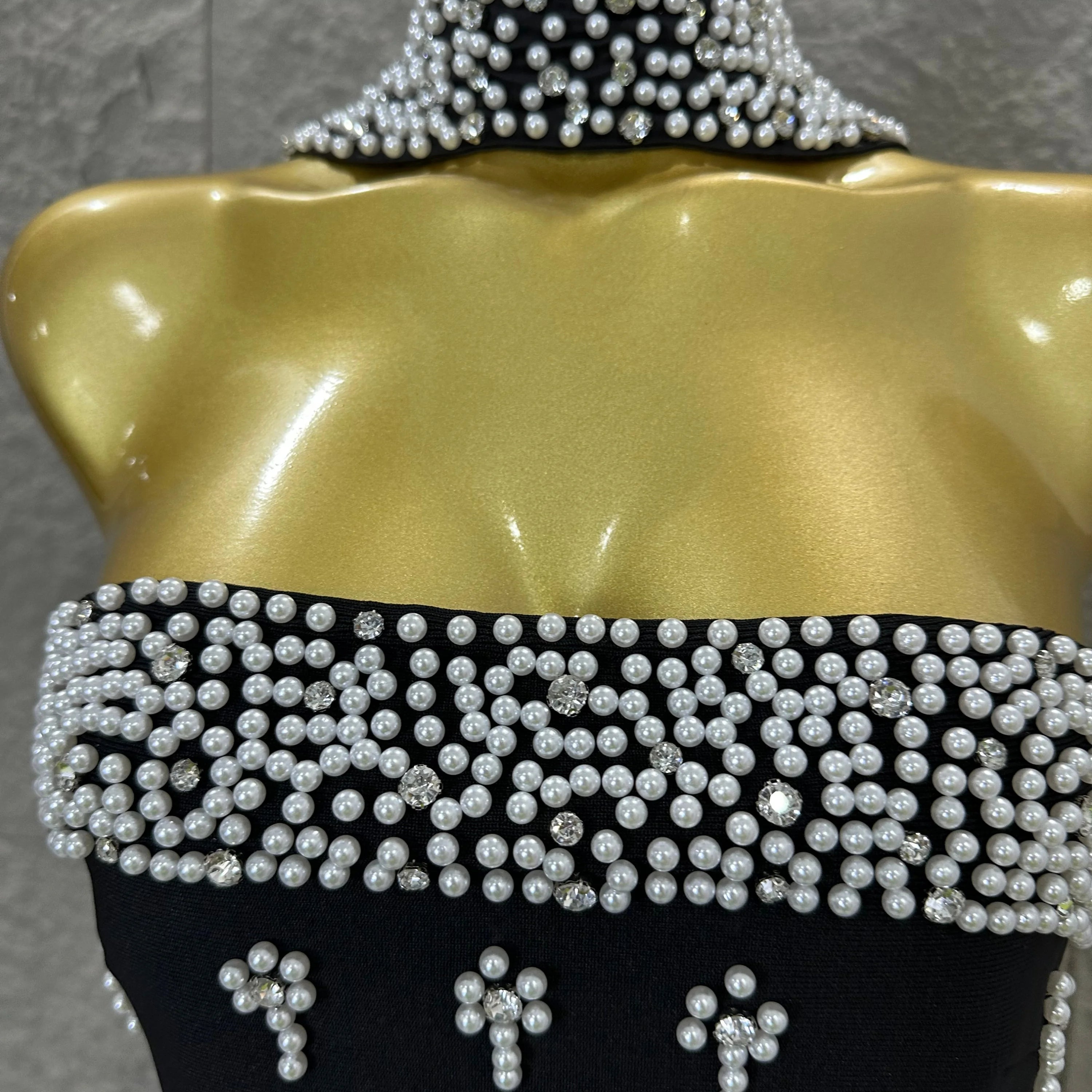 Sexy Black Pearl Studded Maxi Dress Halter Cape Bandage Bodycon Stage Birthday Party Nightclub Celebrate Photo Shoot Out