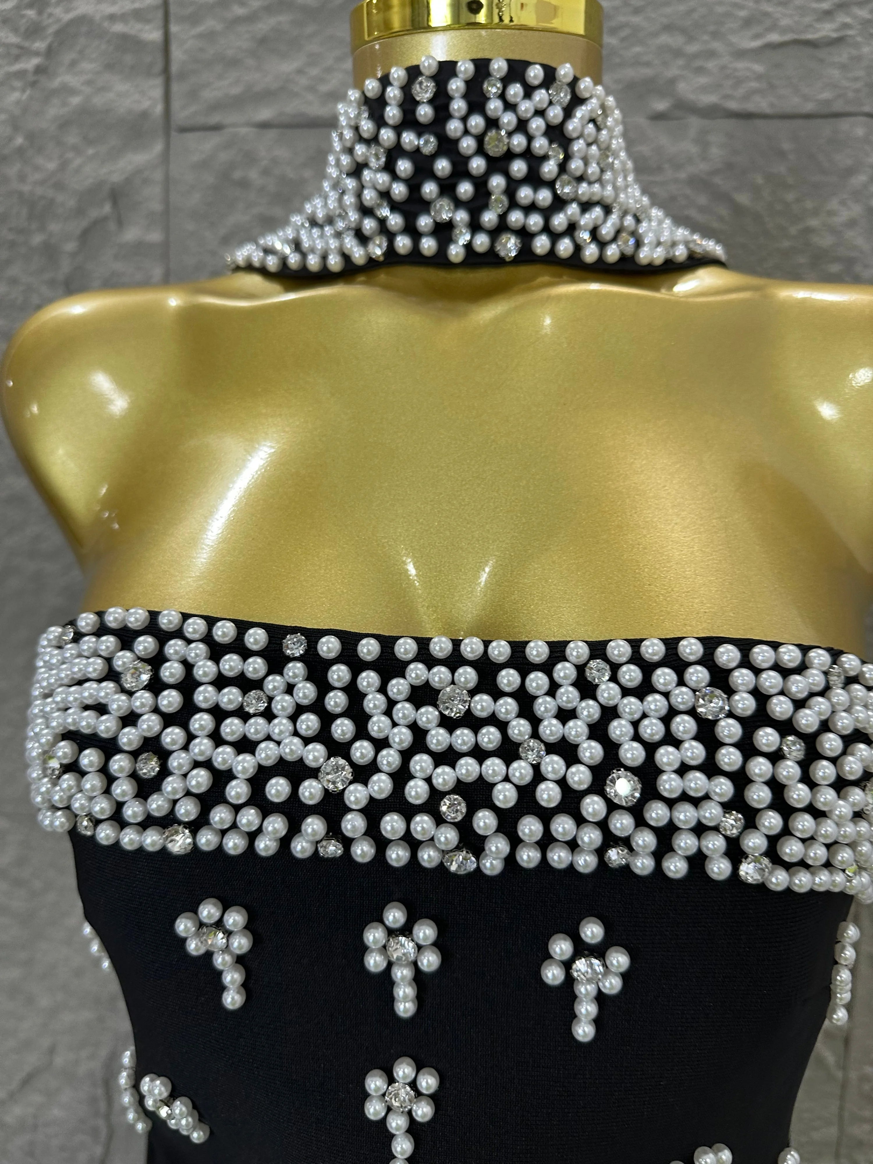 Sexy Black Pearl Studded Maxi Dress Halter Cape Bandage Bodycon Stage Birthday Party Nightclub Celebrate Photo Shoot Out