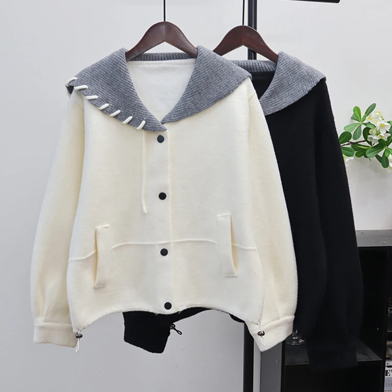 Autumn Winter New Loose Contrast Color Design Knitted Double-Sided Cardigan For Women Sweater Jacket Female 11A07624 Creamy-white One Size