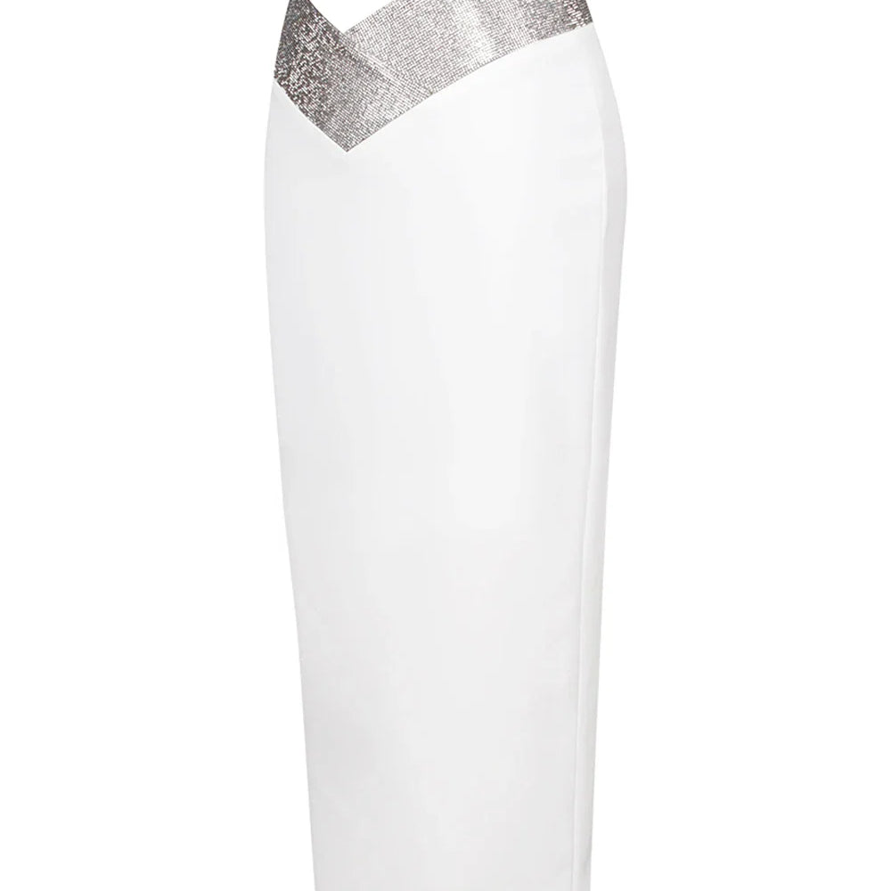 Women Crystal Diamonds White Black Bodycon Midi Bandage Skirt Designer High Waist Party Club Pencil Skirt 77cm