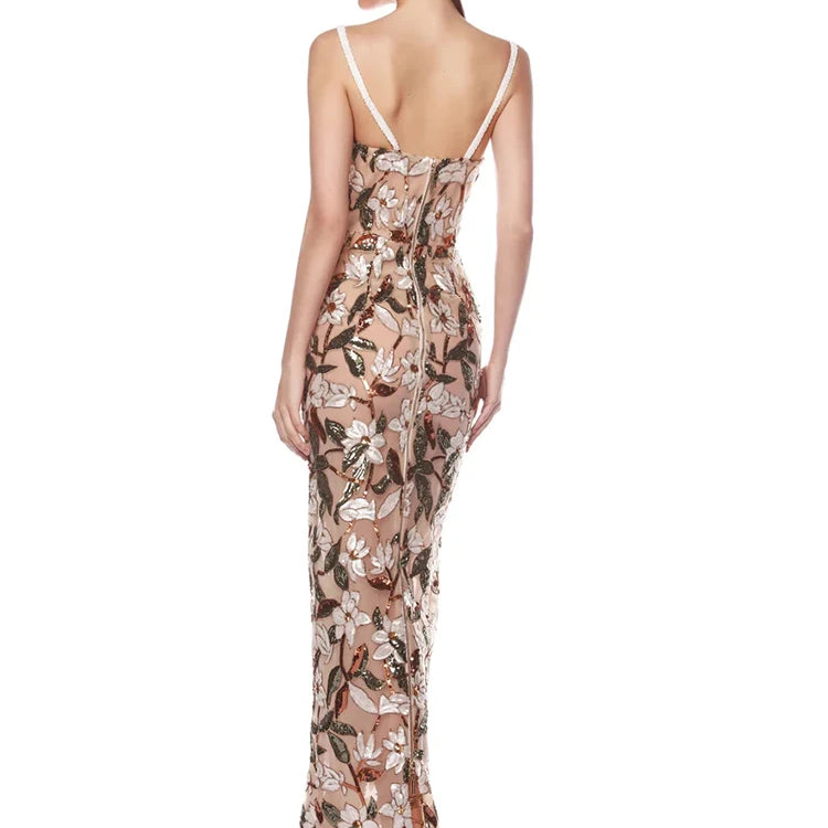 Sexy Strapless Floral Sequins Long Dress For Women Flower Embrodery Backless Slim Cocktail Evening Party Gowns