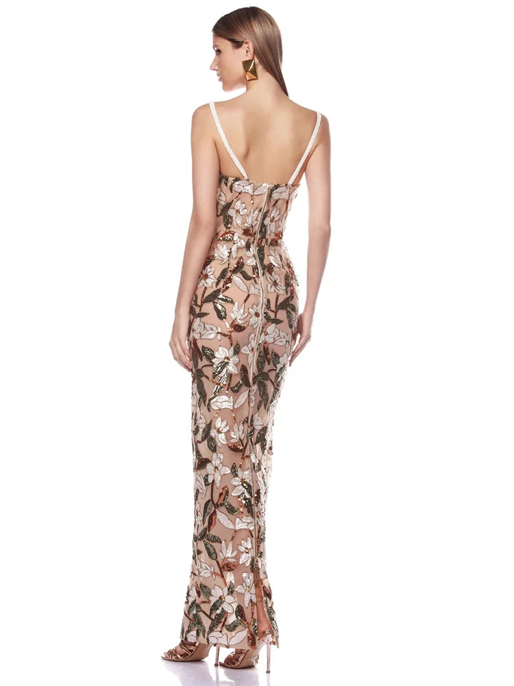 Sexy Strapless Floral Sequins Long Dress For Women Flower Embrodery Backless Slim Cocktail Evening Party Gowns