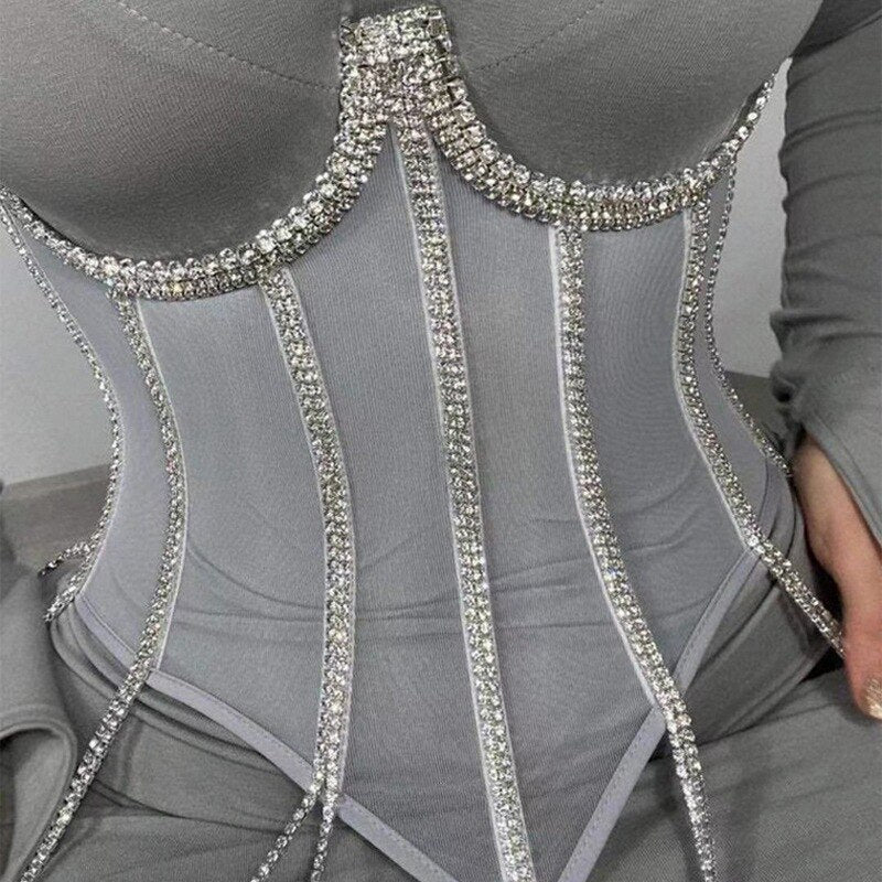 Sexy Slim Backless Corset Luxury Rhinestone Crystal Diamond Women's Vest Transparent Lace Push Up Girdle